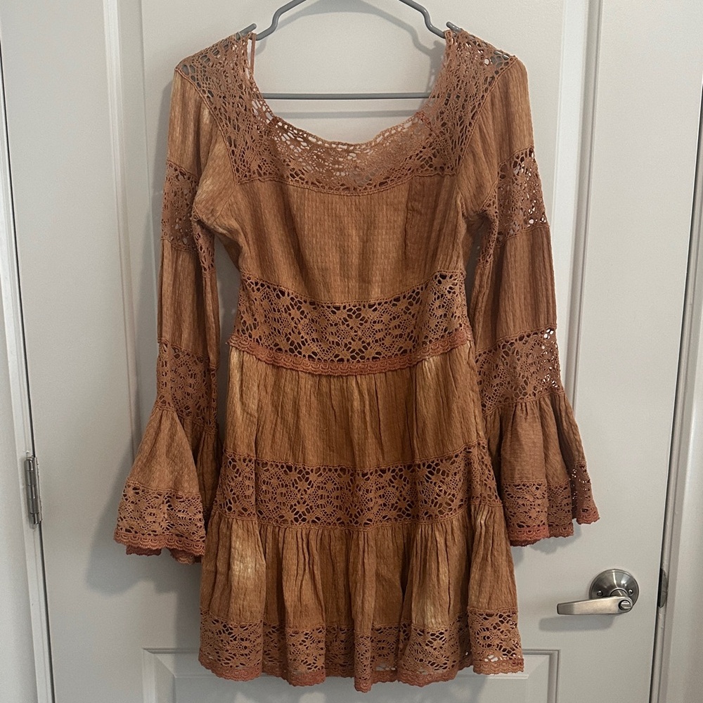 Free People Terracotta Long Sleeve Lace Dress